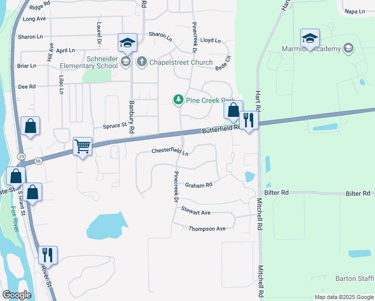 map of restaurants, bars, coffee shops, grocery stores, and more near 609 Chesterfield Lane in North Aurora