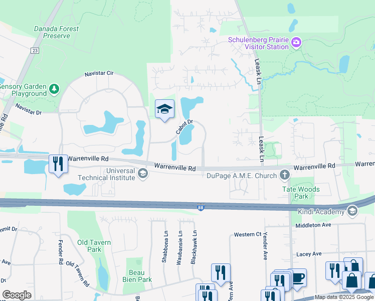 map of restaurants, bars, coffee shops, grocery stores, and more near 2275 Cabot Drive in Lisle