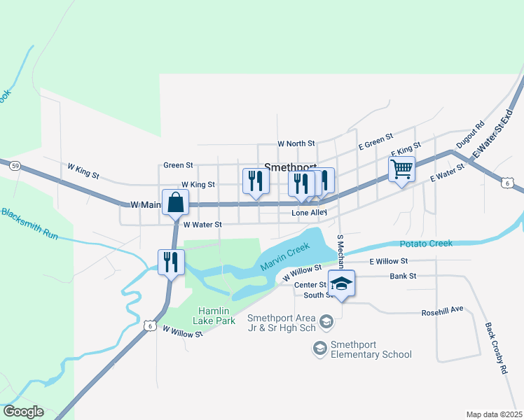 map of restaurants, bars, coffee shops, grocery stores, and more near 531 West Main Street in Smethport