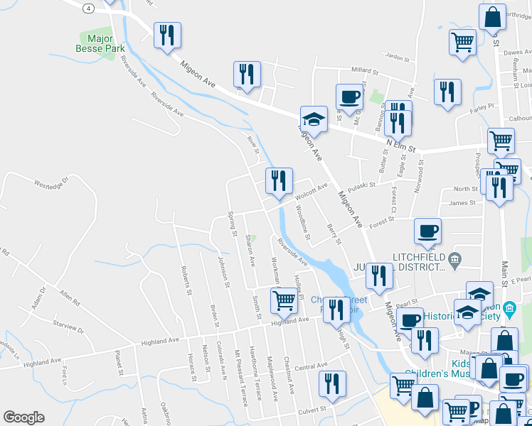 map of restaurants, bars, coffee shops, grocery stores, and more near 265 Riverside Avenue in Torrington