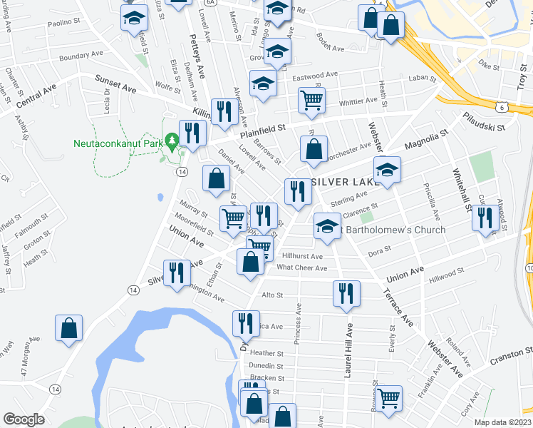 map of restaurants, bars, coffee shops, grocery stores, and more near 129 Mercy Street in Providence