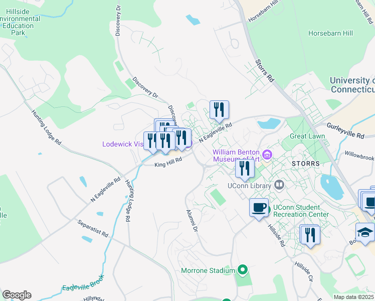map of restaurants, bars, coffee shops, grocery stores, and more near 115 North Eagleville Road in Mansfield