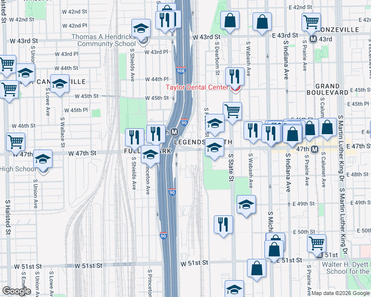 map of restaurants, bars, coffee shops, grocery stores, and more near 144 West 47th Street in Chicago