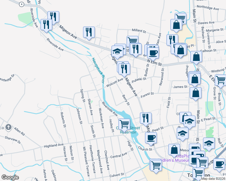 map of restaurants, bars, coffee shops, grocery stores, and more near 95 Woodbine Street in Torrington