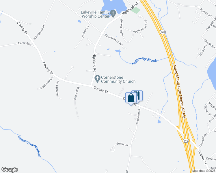 map of restaurants, bars, coffee shops, grocery stores, and more near 147 County Street in Lakeville