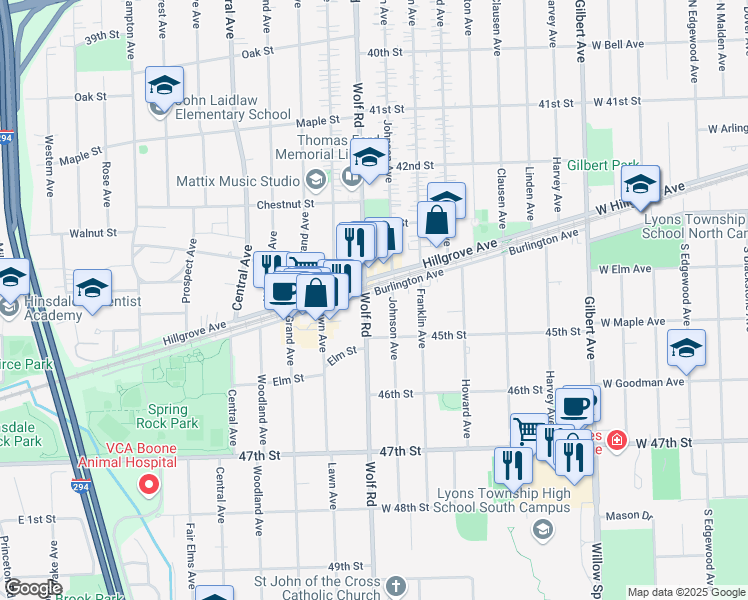 map of restaurants, bars, coffee shops, grocery stores, and more near 4441 Wolf Road in Western Springs