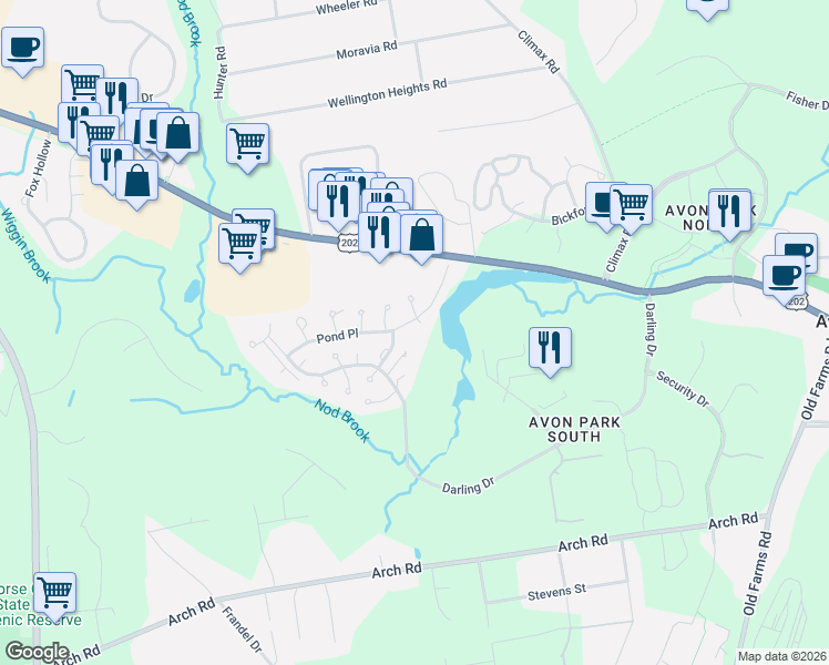 map of restaurants, bars, coffee shops, grocery stores, and more near 2 Butternut Circle in Avon