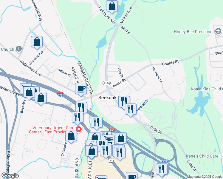 map of restaurants, bars, coffee shops, grocery stores, and more near 625 Fall River Avenue in Seekonk
