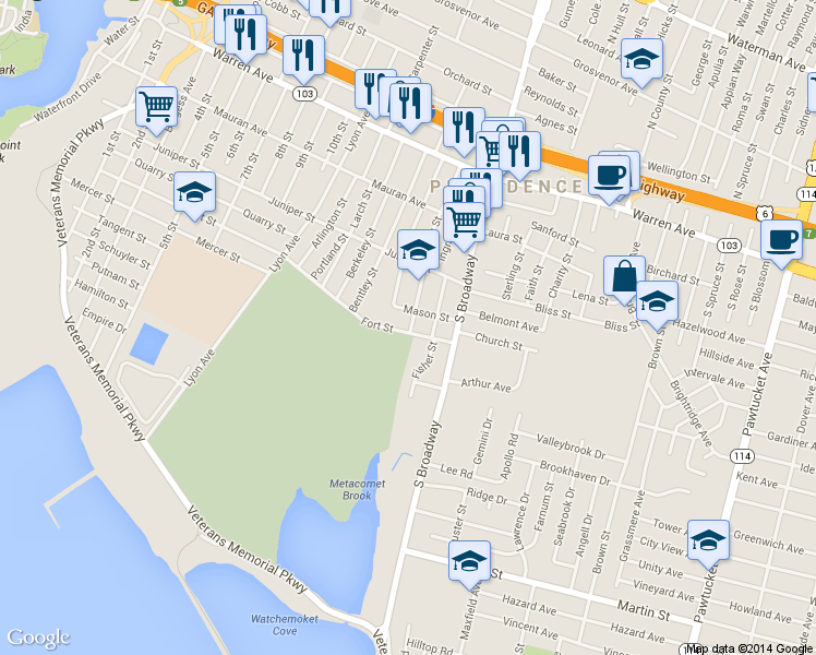 map of restaurants, bars, coffee shops, grocery stores, and more near 308 Fort Street in East Providence