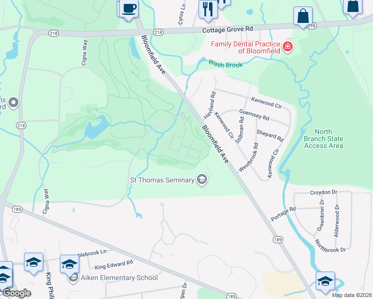 map of restaurants, bars, coffee shops, grocery stores, and more near 12 Francis Way in Bloomfield
