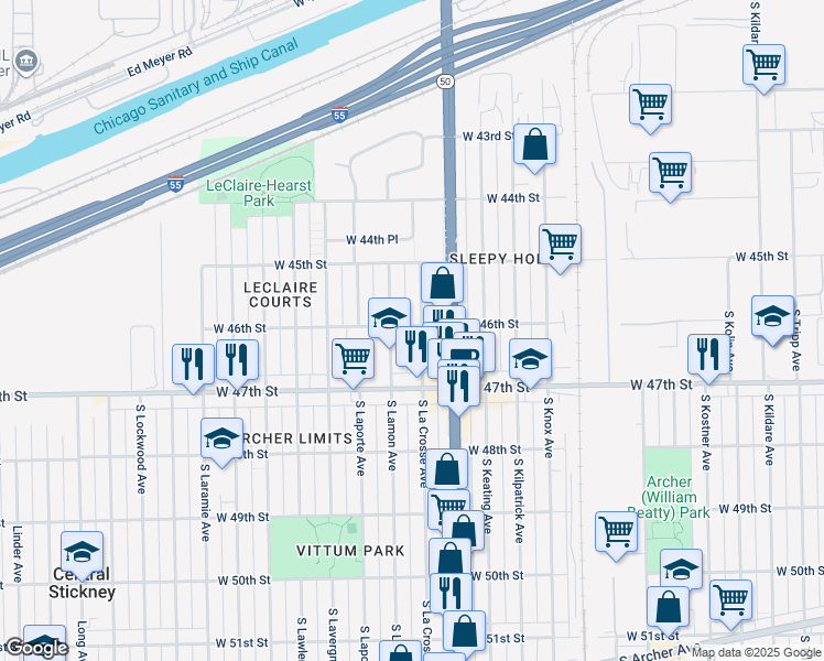 map of restaurants, bars, coffee shops, grocery stores, and more near 4559 South Lamon Avenue in Chicago