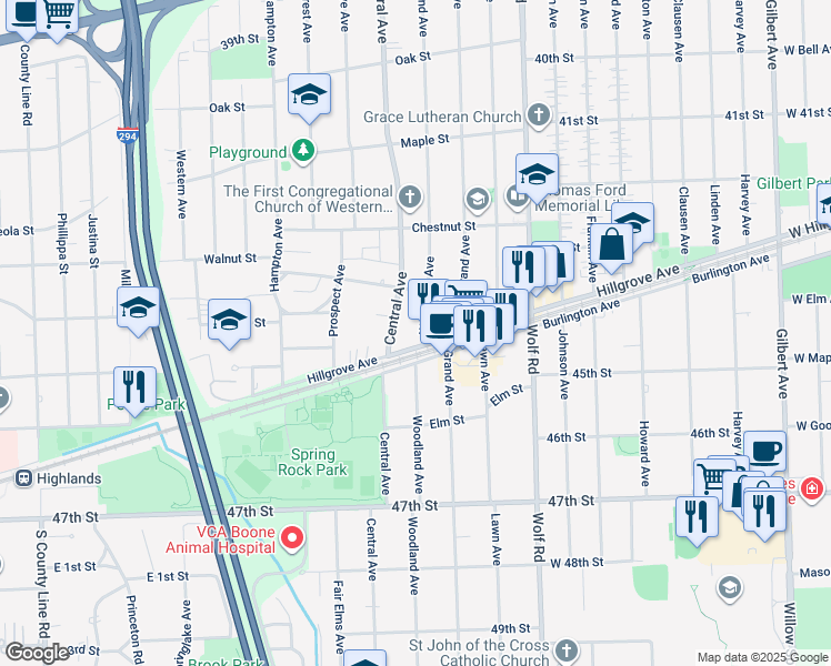 map of restaurants, bars, coffee shops, grocery stores, and more near 4386 Woodland Avenue in Western Springs