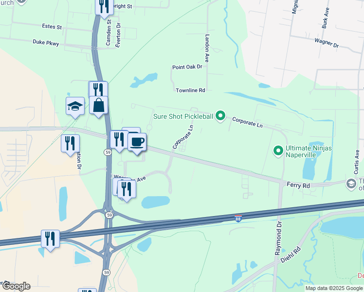 map of restaurants, bars, coffee shops, grocery stores, and more near 2255 Monarch Drive in Naperville