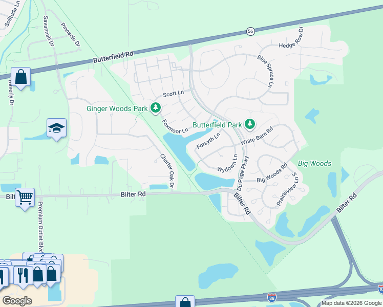 map of restaurants, bars, coffee shops, grocery stores, and more near 2428 Wydown Lane in Aurora