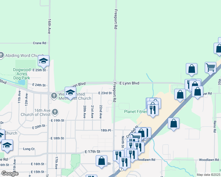 map of restaurants, bars, coffee shops, grocery stores, and more near 2301 Freeport Road in Sterling