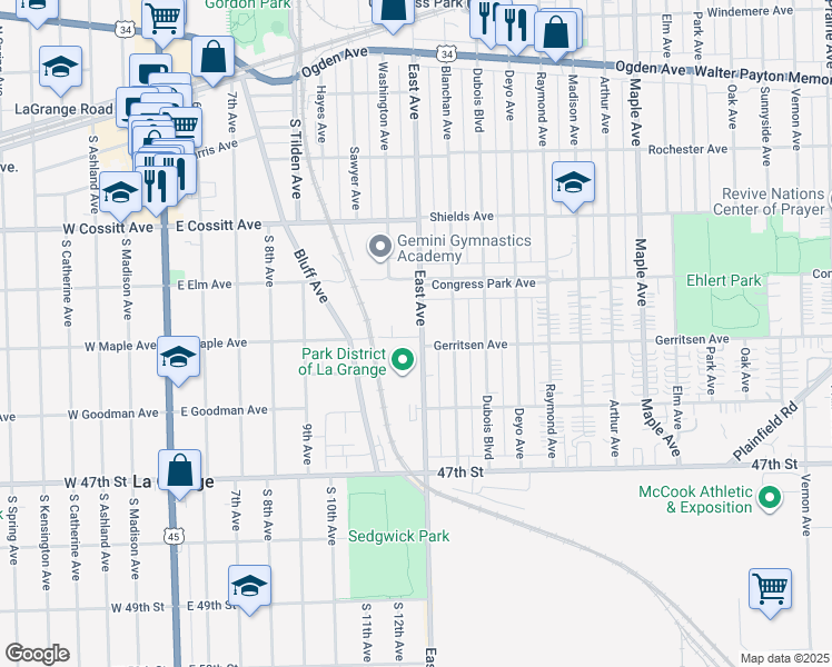 map of restaurants, bars, coffee shops, grocery stores, and more near 450 East Avenue in La Grange