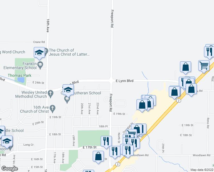 map of restaurants, bars, coffee shops, grocery stores, and more near 2301 Freeport Road in Sterling