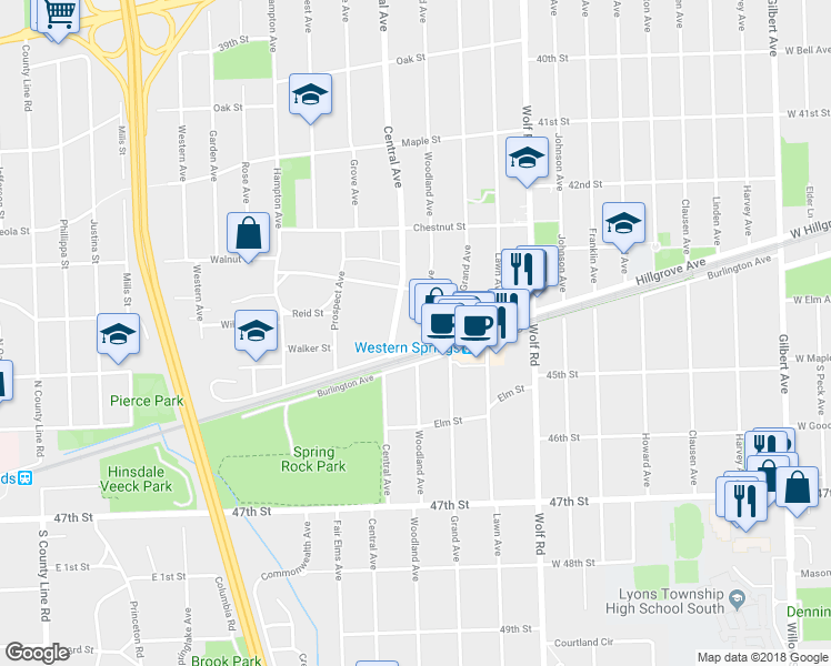 map of restaurants, bars, coffee shops, grocery stores, and more near 4386 Woodland Avenue in Western Springs