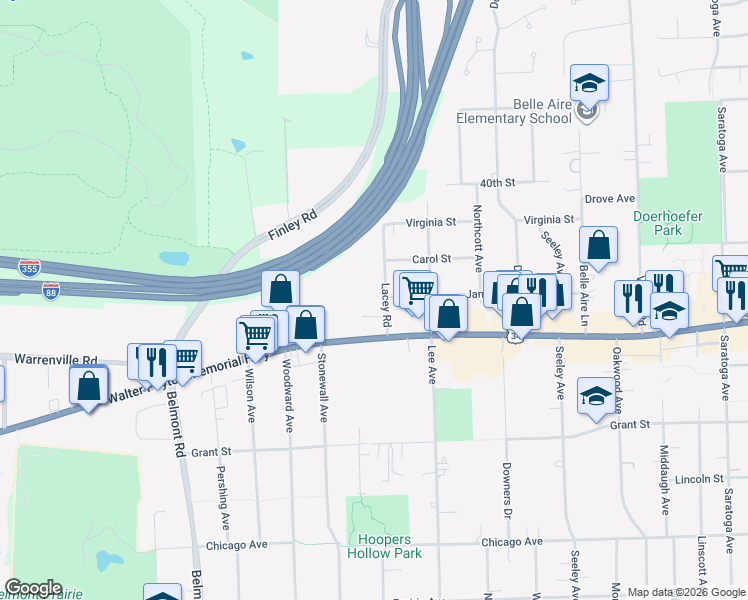 map of restaurants, bars, coffee shops, grocery stores, and more near 4240 Lacey Road in Downers Grove