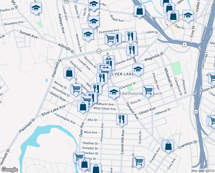map of restaurants, bars, coffee shops, grocery stores, and more near 19 Bristol Avenue in Providence