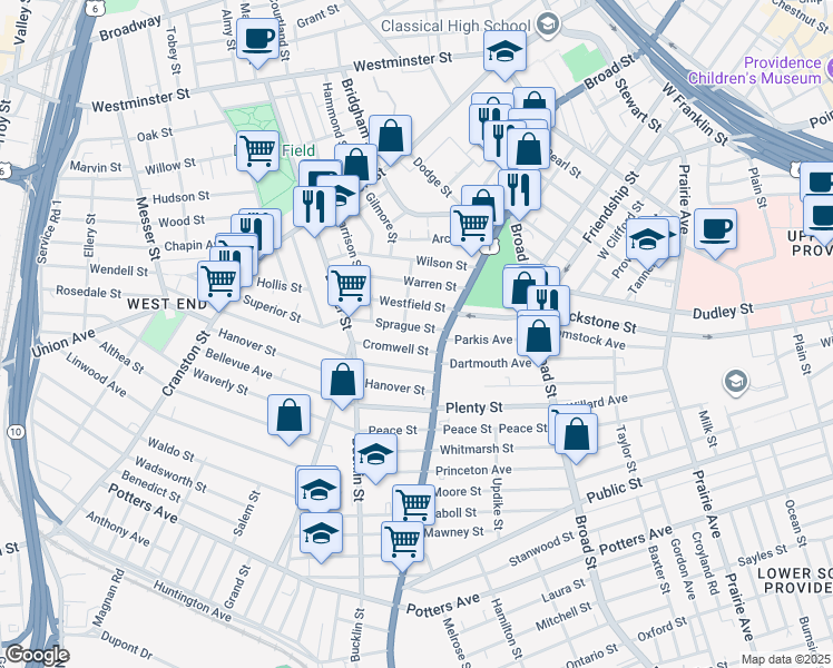 map of restaurants, bars, coffee shops, grocery stores, and more near 32 Sprague Street in Providence