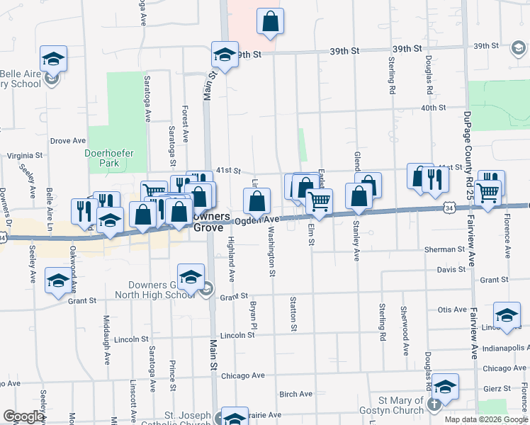 map of restaurants, bars, coffee shops, grocery stores, and more near 898 Ogden Avenue in Downers Grove