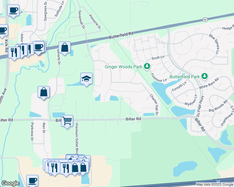 map of restaurants, bars, coffee shops, grocery stores, and more near 2115 Red Maple Lane in Aurora