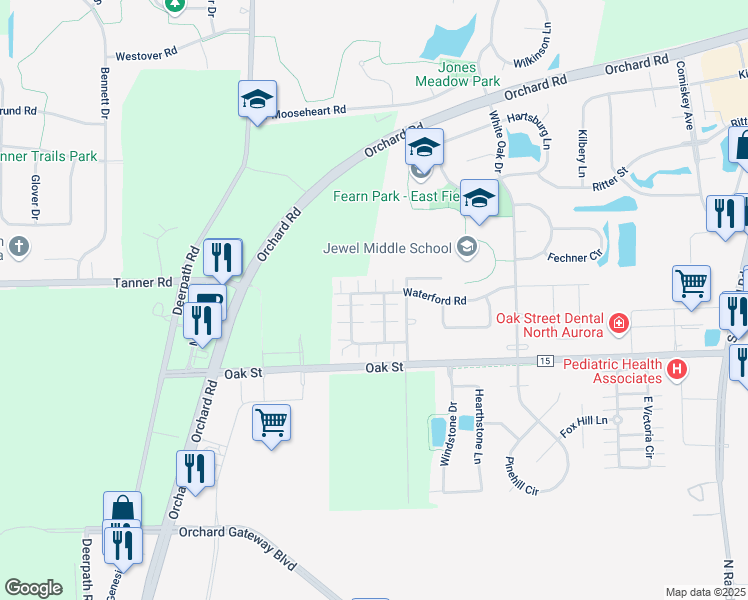map of restaurants, bars, coffee shops, grocery stores, and more near 268 Kathryn Lane in North Aurora