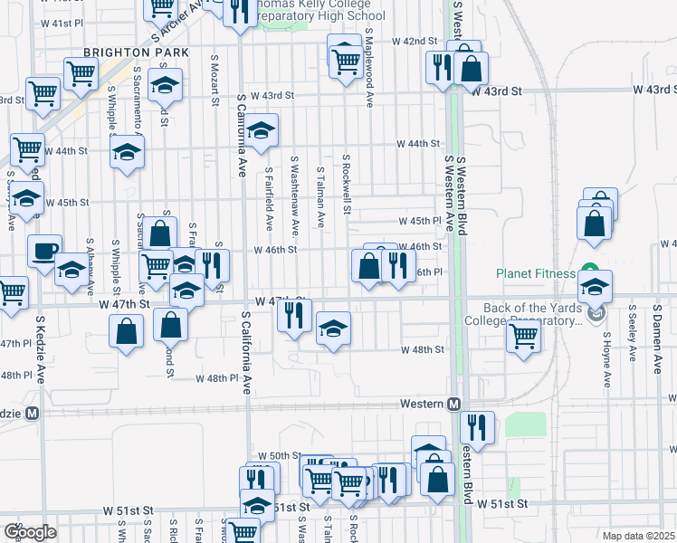 map of restaurants, bars, coffee shops, grocery stores, and more near 4626 South Rockwell Street in Chicago