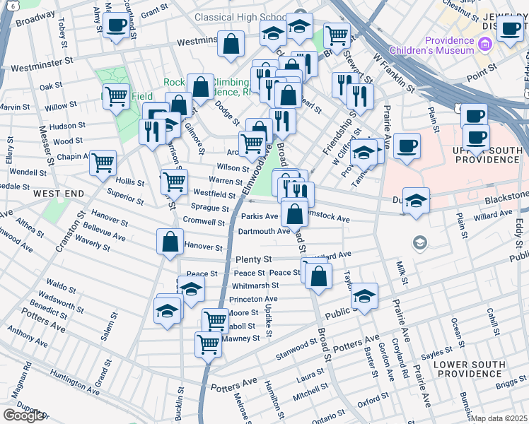 map of restaurants, bars, coffee shops, grocery stores, and more near 25 Parkis Avenue in Providence