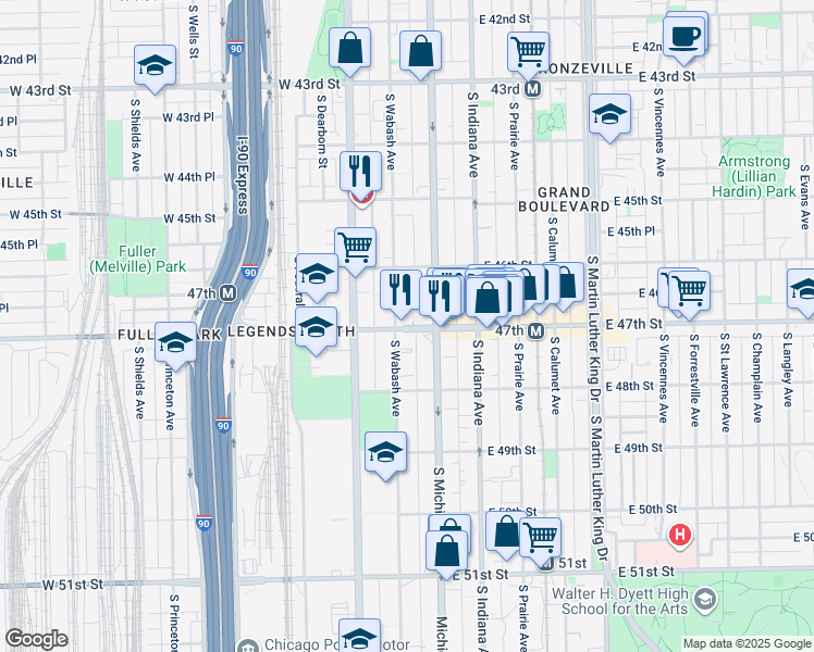 map of restaurants, bars, coffee shops, grocery stores, and more near 58 East 47th Street in Chicago