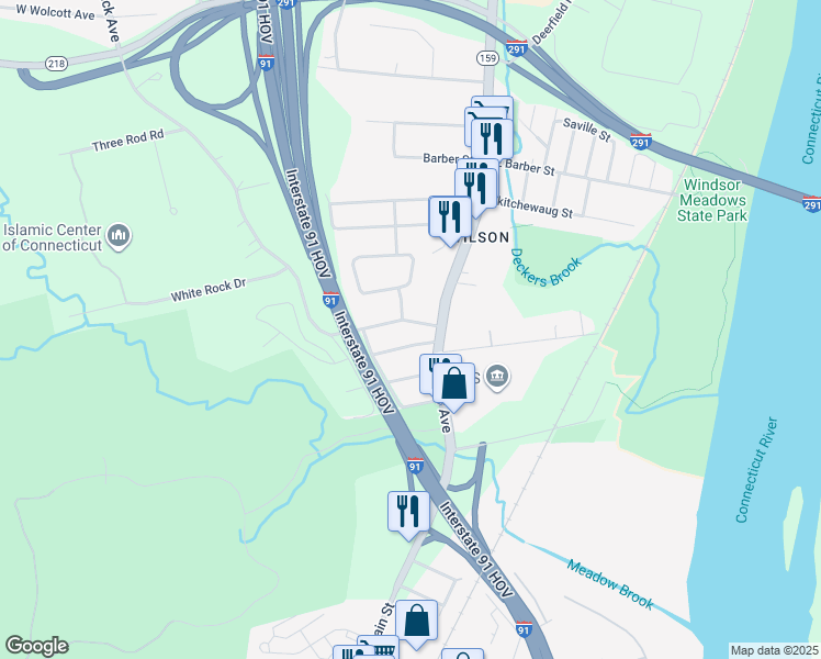 map of restaurants, bars, coffee shops, grocery stores, and more near 25 Bina Avenue in Windsor