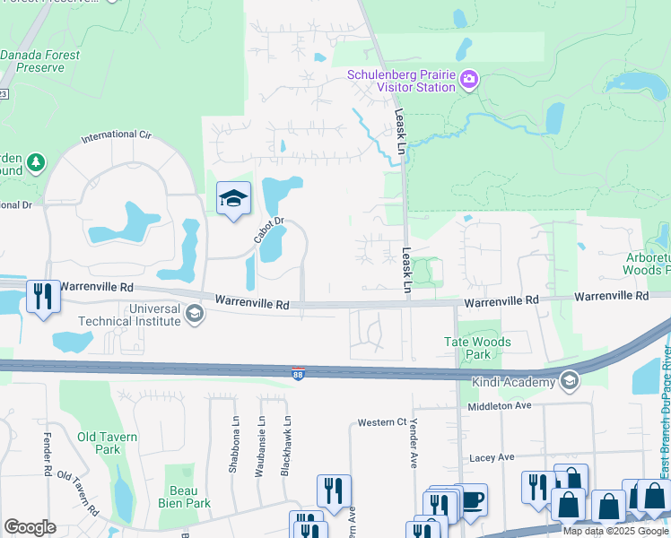 map of restaurants, bars, coffee shops, grocery stores, and more near 2200 Cabot Drive in Lisle
