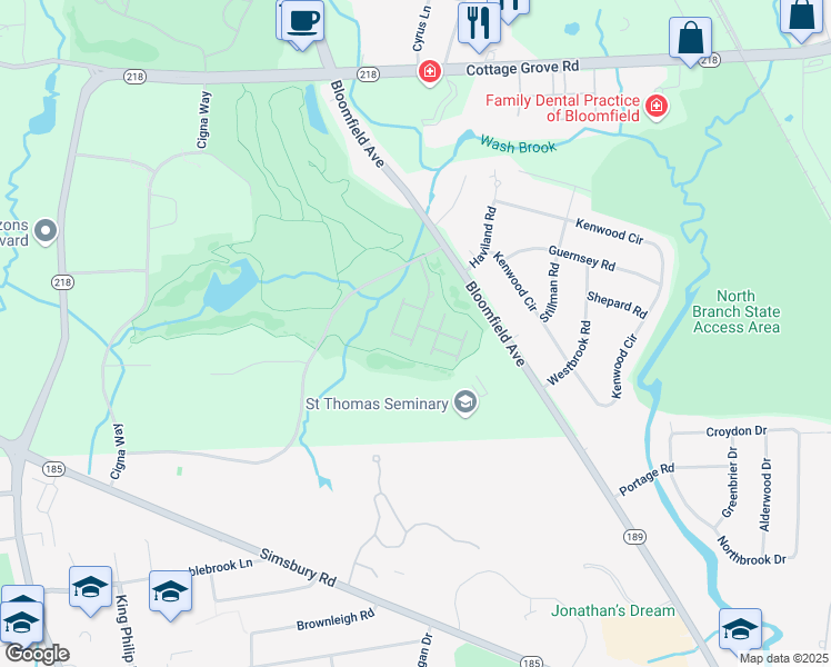 map of restaurants, bars, coffee shops, grocery stores, and more near 10 Francis Way in Bloomfield