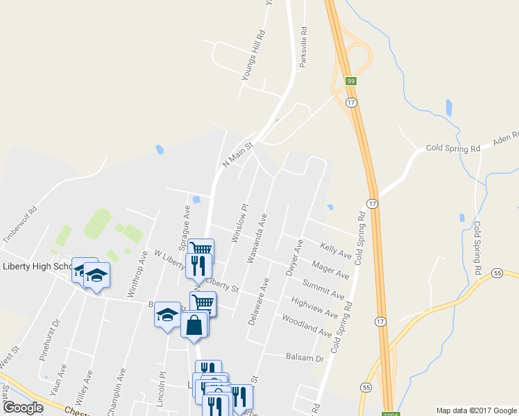 map of restaurants, bars, coffee shops, grocery stores, and more near 78 Wawanda Avenue in Liberty