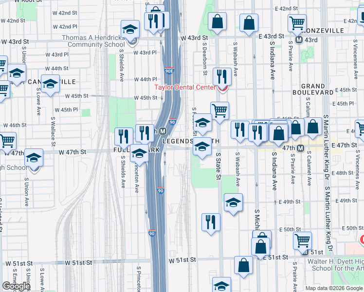map of restaurants, bars, coffee shops, grocery stores, and more near 144 West 47th Street in Chicago