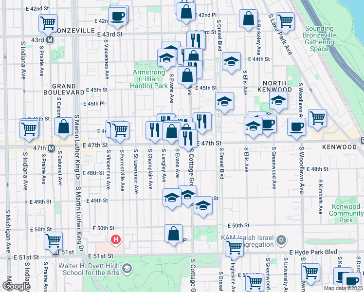 map of restaurants, bars, coffee shops, grocery stores, and more near 737 East 47th Street in Chicago