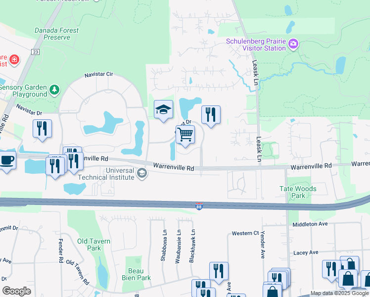 map of restaurants, bars, coffee shops, grocery stores, and more near 2275 Cabot Drive in Lisle