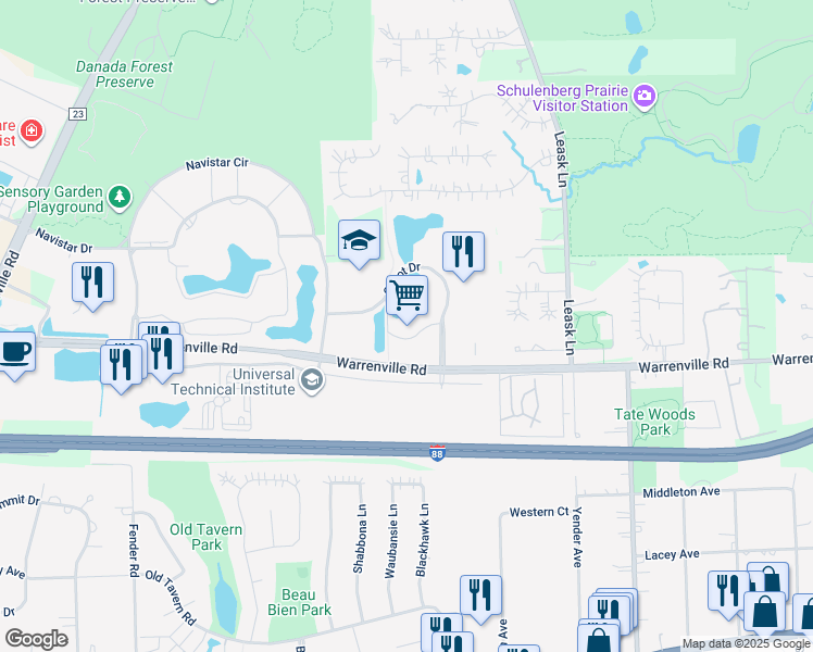 map of restaurants, bars, coffee shops, grocery stores, and more near 2525 Cabot Drive in Lisle