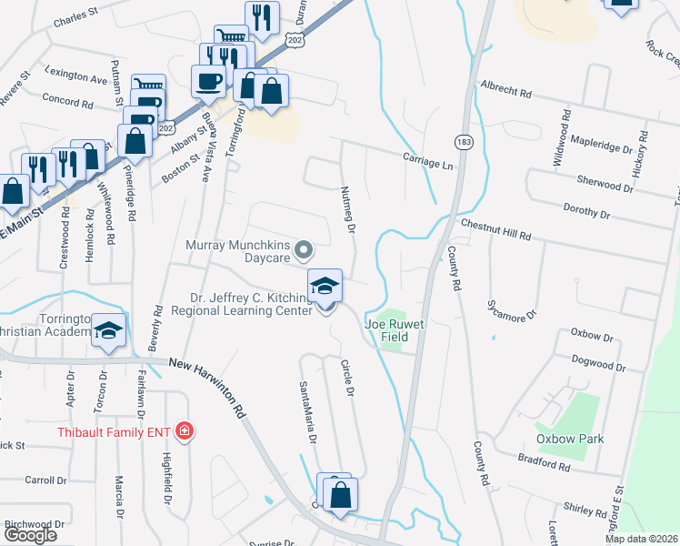 map of restaurants, bars, coffee shops, grocery stores, and more near 189 Moore Drive in Torrington
