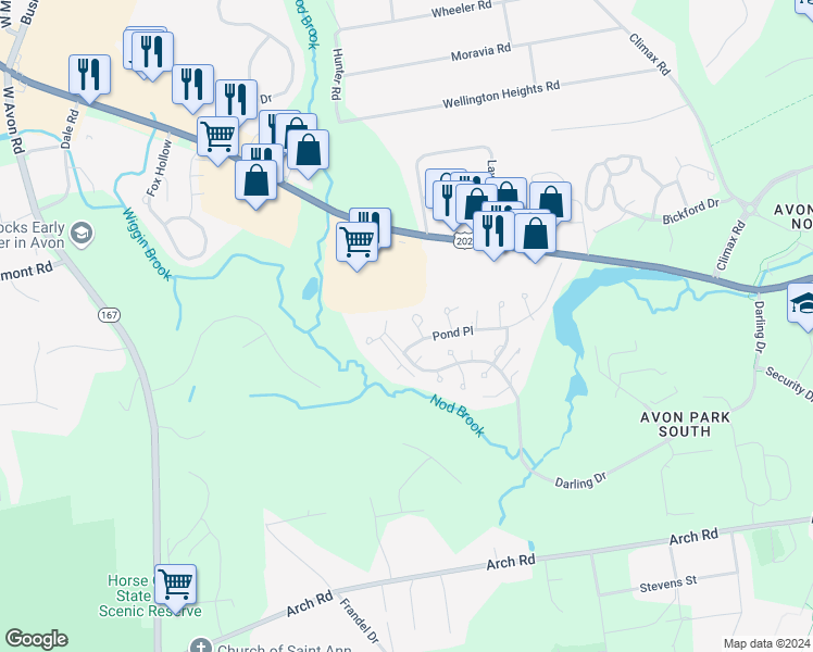 map of restaurants, bars, coffee shops, grocery stores, and more near 13 Finch Run in Avon