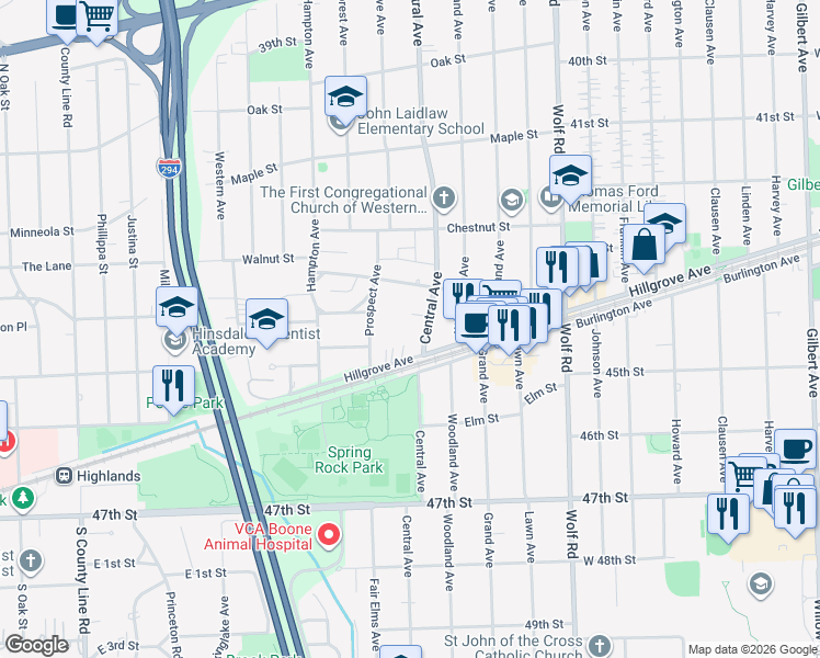map of restaurants, bars, coffee shops, grocery stores, and more near 4386 Central Avenue in Western Springs