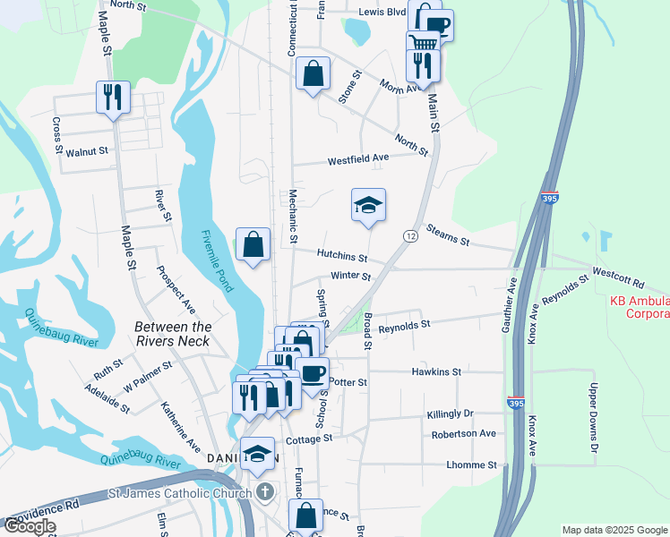 map of restaurants, bars, coffee shops, grocery stores, and more near 44 Winter Street in Killingly