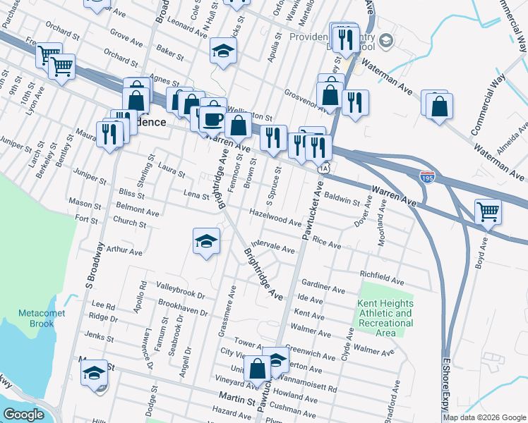 map of restaurants, bars, coffee shops, grocery stores, and more near 219 South Spruce Street in East Providence