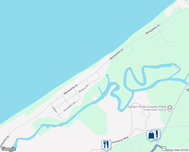 map of restaurants, bars, coffee shops, grocery stores, and more near 11520 Marquette Drive in New Buffalo