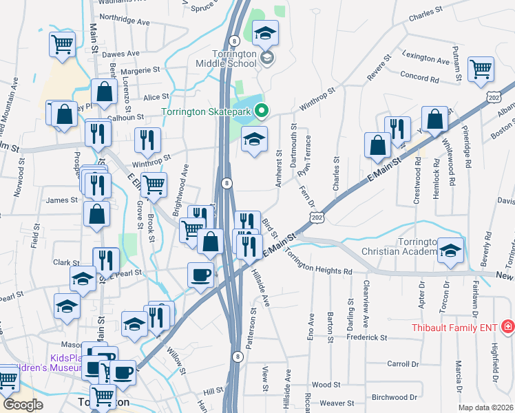 map of restaurants, bars, coffee shops, grocery stores, and more near 86 Bird Street in Torrington
