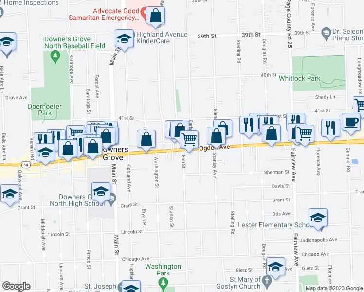 map of restaurants, bars, coffee shops, grocery stores, and more near 744 Walter Payton Memorial Highway in Downers Grove
