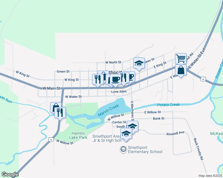 map of restaurants, bars, coffee shops, grocery stores, and more near 201 West Main Street in Smethport