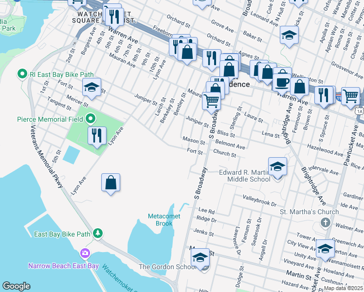 map of restaurants, bars, coffee shops, grocery stores, and more near 308 Fort Street in East Providence