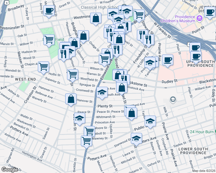 map of restaurants, bars, coffee shops, grocery stores, and more near 21 Parkis Avenue in Providence